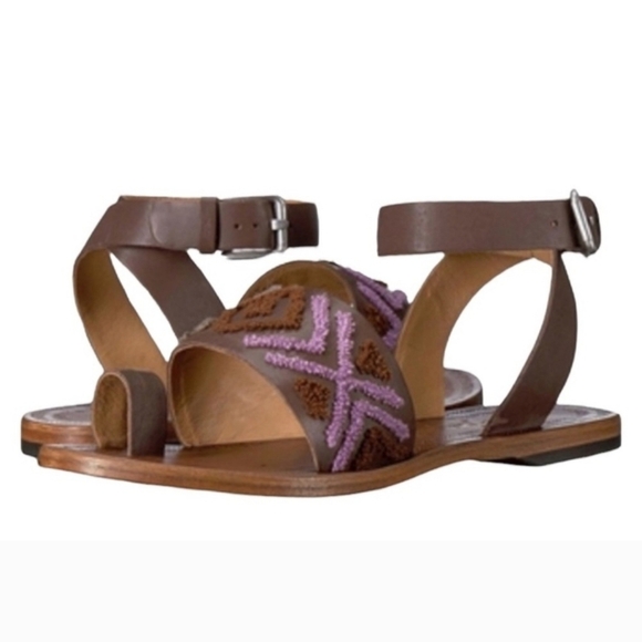 Free People Boho Torrence Flat Sandal Brown Leather Purple Embroidery Size 41 EU - Picture 2 of 13